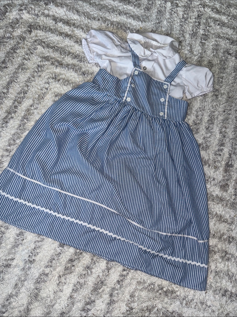 5T Elen Sanderson handmade Blue and White Striped Pinafore Dress White Blouse